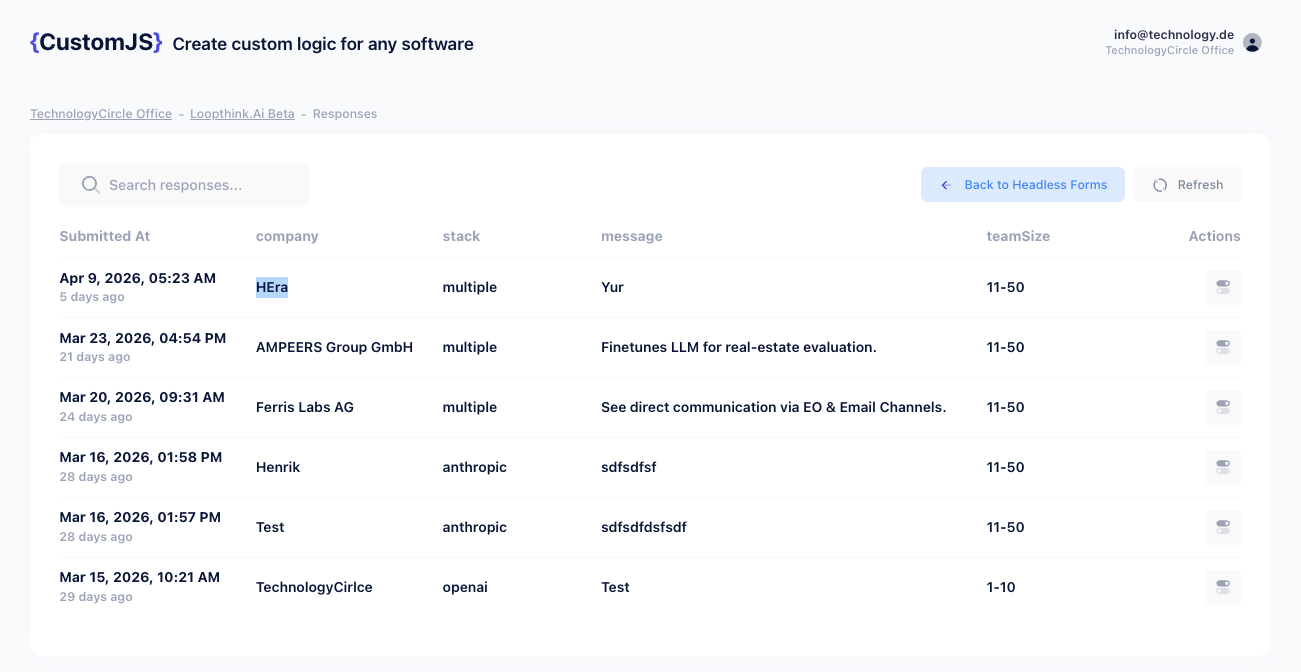 CustomJS Headless Forms Dashboard
